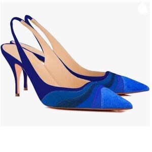 FOWT Blue Pointed Toe Slingback Pumps Rainbow Color Stripes Elastic Band Sandals